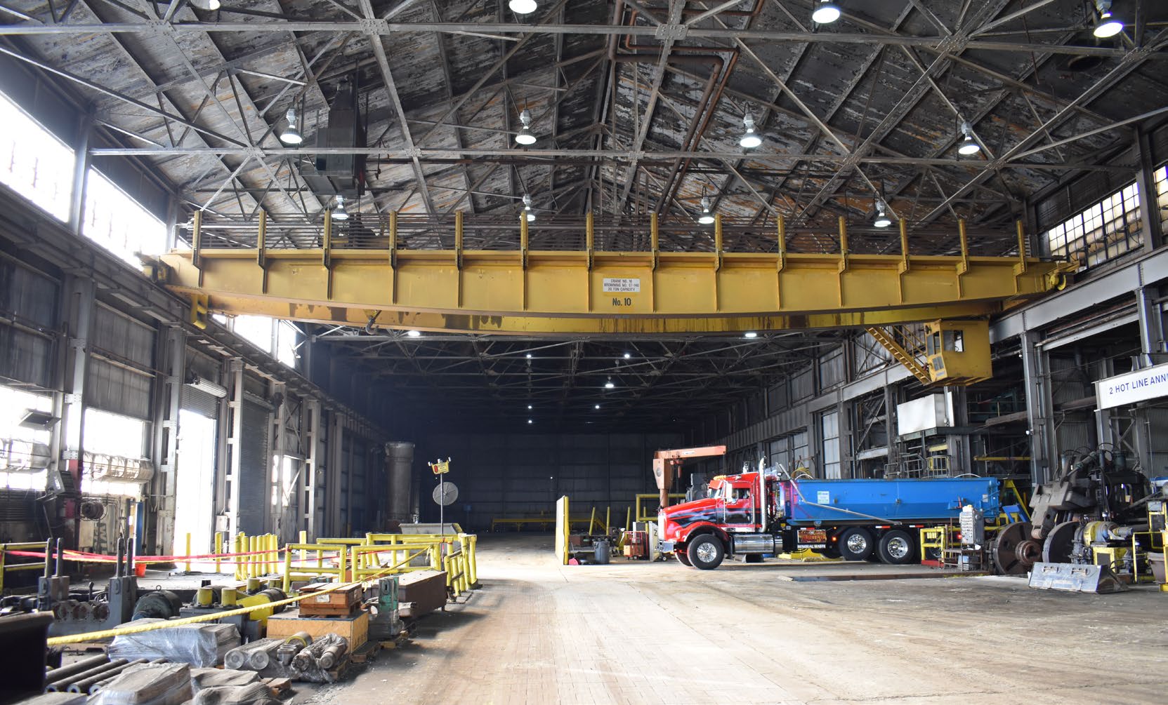 Bridge crane No. 10 with a dump truck beneath for scale