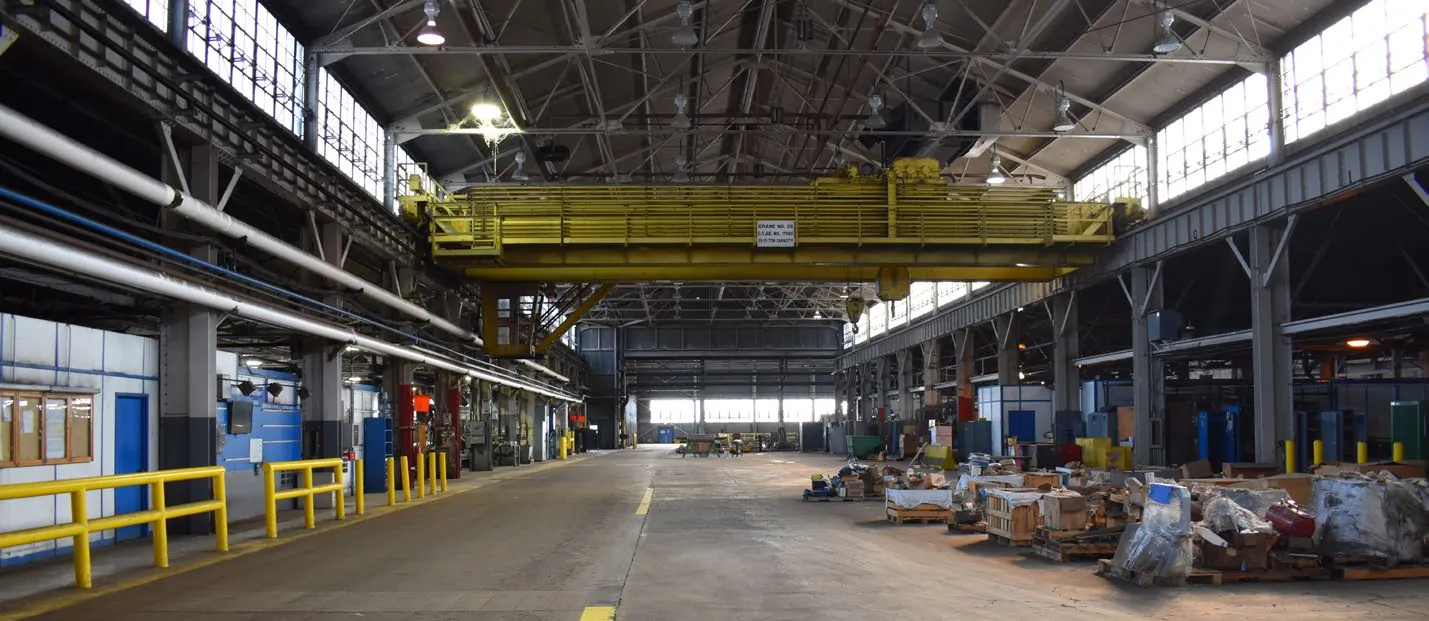 Panorama of the main production bay with overhead bridge cranes